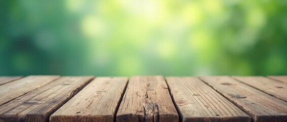 Fototapeta premium Wooden table surface with blurred green natural background. Empty wood planks for product display, outdoor setting with copy space