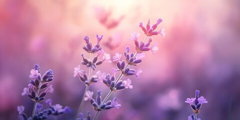 Obraz premium Lavender flowers in soft focus create a serene and calming atmosphere, showcasing the delicate beauty of lavender flowers and their gentle hues that evoke a sense of tranquility.