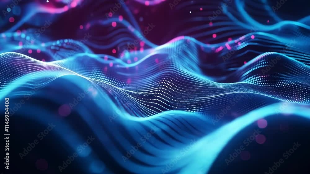 Poster digital data flows and forms abstract futuristic waves with blue and pink particles, creating a dyna