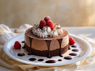 Chocolate mousse cake served on a white plate with cream