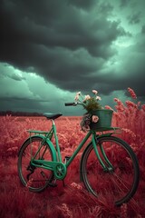 Naklejka premium A teal or turquoise bicycle with a basket of light-colored flowers stands in a field of reddish-pink or magenta plants under a dramatic, dark, stormy sky