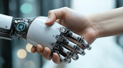 A human hand meets a robotic hand, symbolizing collaboration between humanity and technology in a futuristic setting.