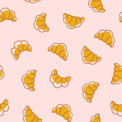 Seamless pattern with tasty fresh crunchy croissants in simple cartoon style. Background for design menu cafe, bistro, restaurant, label and packaging. Vector repeat food background.