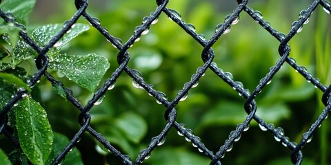 Fototapeta premium A chain link fence glistens with droplets after the rain, showcasing the beauty of a chain link fence in a fresh, wet environment. Perfect for illustrating the charm of chain link fences in nature.