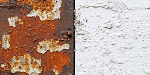 The image showcases the contrasting texture of rust and white paint, highlighting the intricate details of the rust and white paint surface in a captivating visual presentation.