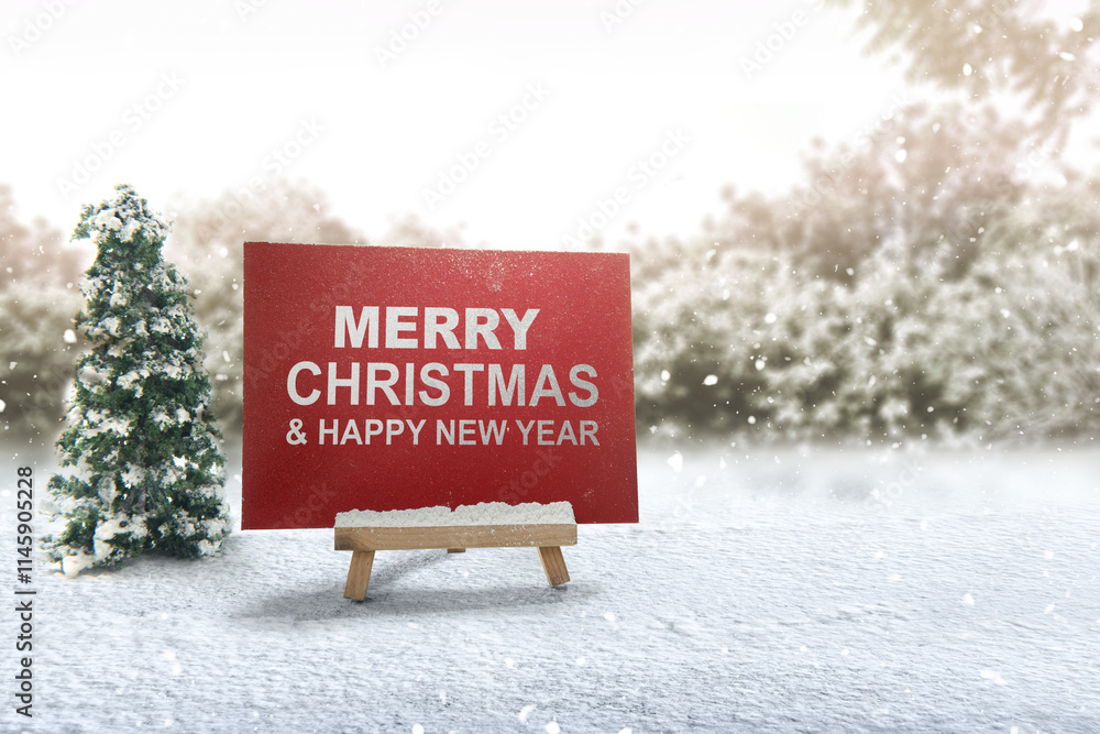 Aufkleber the text of merry christmas and happy new year is on an envelope on a wooden easel with a snowfield 