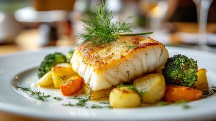 Crispy fried sea cod fillet served with a medley of baked vegetables on a white plate. The delicious sea cod is accompanied by fried broccoli, potatoes, and fresh dill for an exquisite flavor.