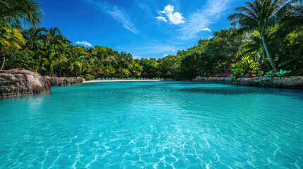 Fototapeta premium Bright Tropical Lagoon Surrounded by Lush Palm Trees under a Clear Blue Sky