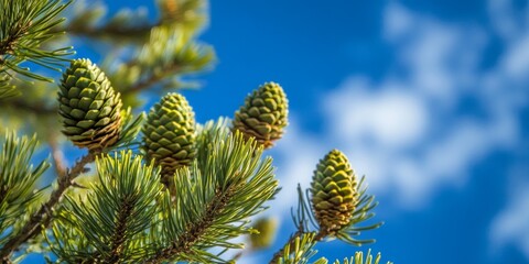 Close up view of green pinecones nestled among pine branches against a beautiful blue sky, showcasing the vibrant green pinecones in their natural setting. Perfect for nature enthusiasts.