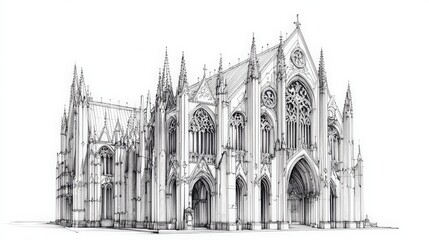 A detailed architectural sketch of a Gothic cathedral, showcasing intricate designs, pointed arches, and towering spires.