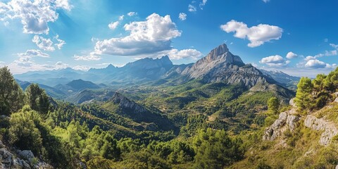 Fototapeta premium Stunning view of Puig Campana mountain, showcasing its majestic peaks and natural beauty. Explore the captivating landscapes of Puig Campana mountain and experience nature s splendor.