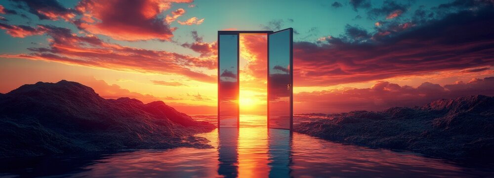 An enchanting ocean scene presents a reflective door at sunset, symbolizing opportunity and introspection, beautifully merging elements of nature and artistic surrealism.