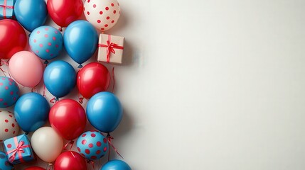 Colorful Balloons and Gift Box Arrangement on Light Background for Celebration, Party, Event, Birthday, or Special Occasion with Vibrant Colors and Playful Decor