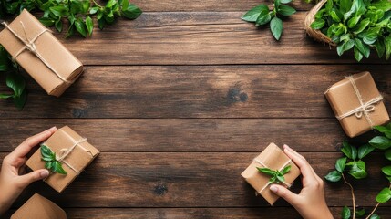 Eco-conscious hands placing sustainable packaging on wood, highlighting green choices