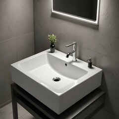 Fototapeta premium A modern bathroom sink with clean lines and a functional aesthetic.
