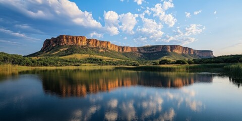 Fototapeta premium The Magaliesberg Mountain Range majestically rises over the serene waters of the dam, showcasing the breathtaking beauty of the Magaliesberg and its stunning natural surroundings.