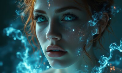 Enchanting woman with radiant blue hues