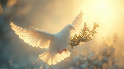 Ethereal White Bird with Spreading Wings Gracefully Flying Through Sunlight While Holding Olive Branch Symbolizing Peace and Hope in a Serene Nature Setting