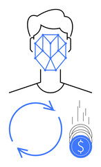 Minimalist illustration of a person with facial recognition grid, coin stacks beside arrows forming a circle. Ideal for technology, finance, biometrics, AI, security, economy, digital transactions