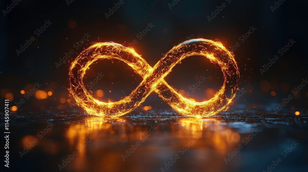 Poster glowing infinity symbol rendered in flames against a dark background with sparkles and illuminated e