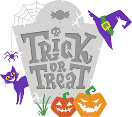 lettering trick or treat on the tombstone with cat, witch hat and pumpkins text