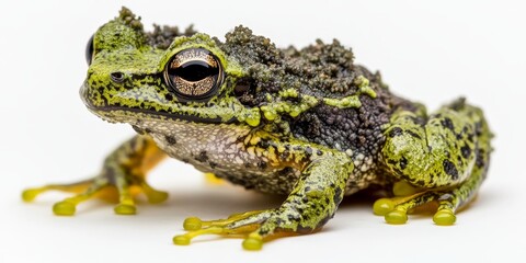 Mossy frog, known scientifically as Theloderma laevis, featured in a detailed close up against a clean white background, highlighting the unique characteristics of the mossy frog.