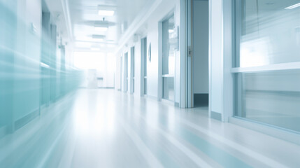 Fototapeta premium Long hospital bright corridor with rooms and seats 3D rendering