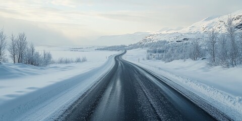 Fototapeta premium Road leading to a stunning snowy landscape, showcasing the beauty of Norwegian nature and the scenic charm of the road amidst the winter wonderland of snowy scenery.