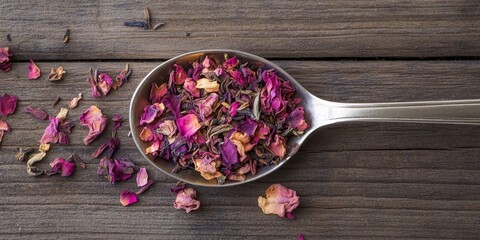 Close up of dry tea with dog rose displayed in a spoon on a rustic wooden background, highlighting the unique textures and colors of dry tea with dog rose for an inviting presentation.