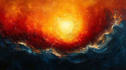 Vibrant Sunset Over Tumultuous Waves in Abstract Expressionist Style with Swirling Colors and Dramatic Sky Featuring Deep Reds, Oranges, and Blues
