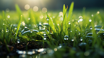 Juicy lush green grass on meadow with drops of water dew sparkle in morning light, spring summer outdoors close-up, copy space