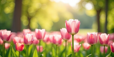 Fototapeta premium A Field of Delicate Pink Tulips Basking in the Warm Glow of Sunlight
