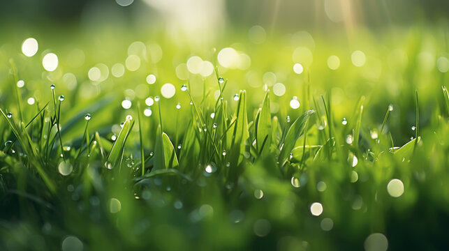 Juicy lush green grass on meadow with drops of water dew sparkle in morning light, spring summer outdoors close-up, copy space