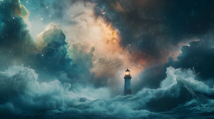 Luminous Lighthouse Amidst Turbulent Ocean and Starry Sky