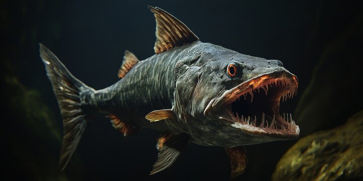 The Vampire Fish, also referred to as the Payara, is a fierce predator inhabiting swift freshwater environments. This captivating Vampire Fish is known for its aggressive hunting prowess.