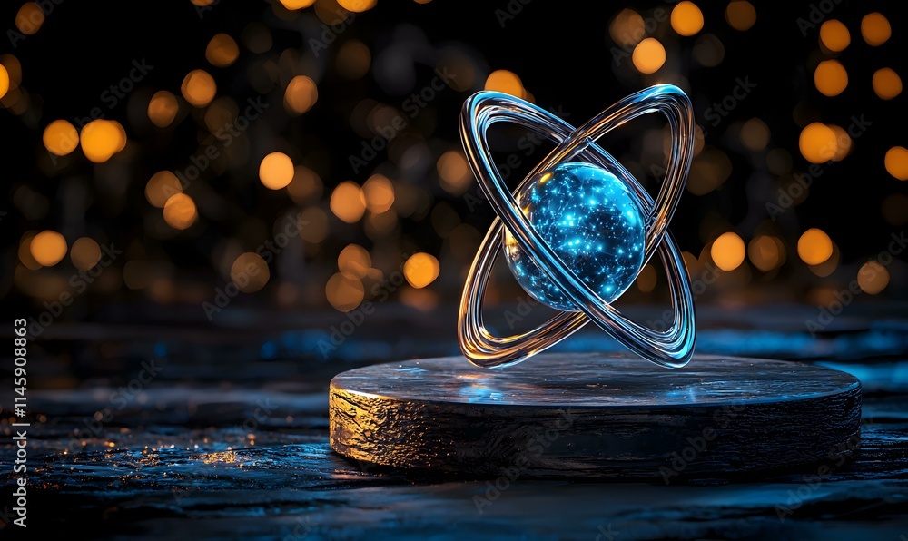 Poster futuristic atom structure with glowing blue element and bokeh background