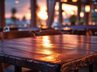 Obraz premium Dark wooden table at a restaurant with blurred background during sunset hours