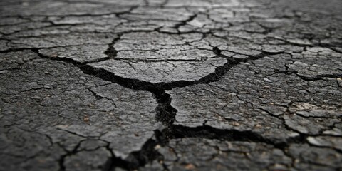 Fototapeta premium Layer of cracked asphalt road showcasing the deterioration and wear. This asphalt road layer highlights the effects of time and weather on road surfaces, emphasizing the broken asphalt s condition.