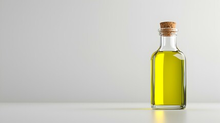 Glass Bottle with Olive Oil Cork Stopper on Minimalist Background