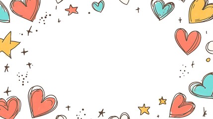Colorful hand-drawn hearts and stars border on white background.