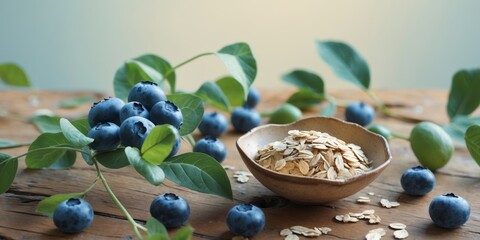Blueberries and oats on rustic wooden table with fresh leaves