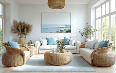Bright living room with white sofa, wicker armchairs, light blue rug, coastal artwork, and natural light.