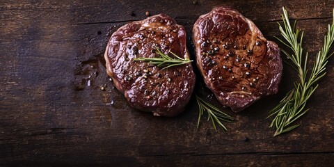 Obraz premium Savory beef steaks displayed on rustic wood offer a mouthwatering visual appeal. These delicious beef steaks highlight the rich textures and colors, perfect for any culinary setting featuring beef