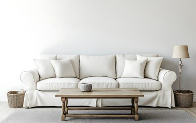 White sofa, wooden coffee table, and lamp in minimalist living room interior.