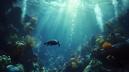 Fototapeta premium Serene Underwater Scene With Turtle And Coral Reef