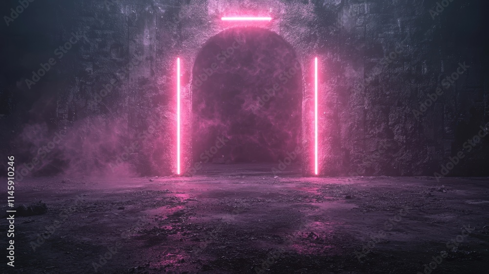 Poster mysterious archway with neon lights and fog in dark environment