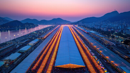 Obraz premium Aerial view of Sambadrome with glowing parade floats at sunset