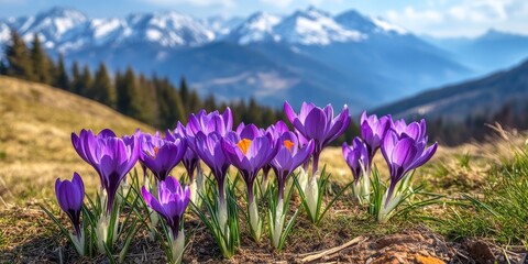 Obraz premium Vibrant purple crocus flowers bloom in spring on a mountainous landscape, showcasing the beauty of purple crocus in their natural habitat during the spring season.