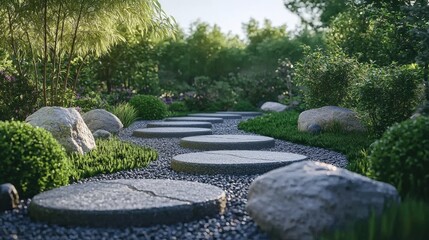 A serene garden path with stepping stones, surrounded by lush greenery and decorative rocks, inviting tranquility and reflection.