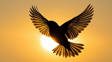 Obraz premium A silhouetted bird with outstretched wings flies against a vibrant sunset, creating a striking contrast of nature's beauty.
